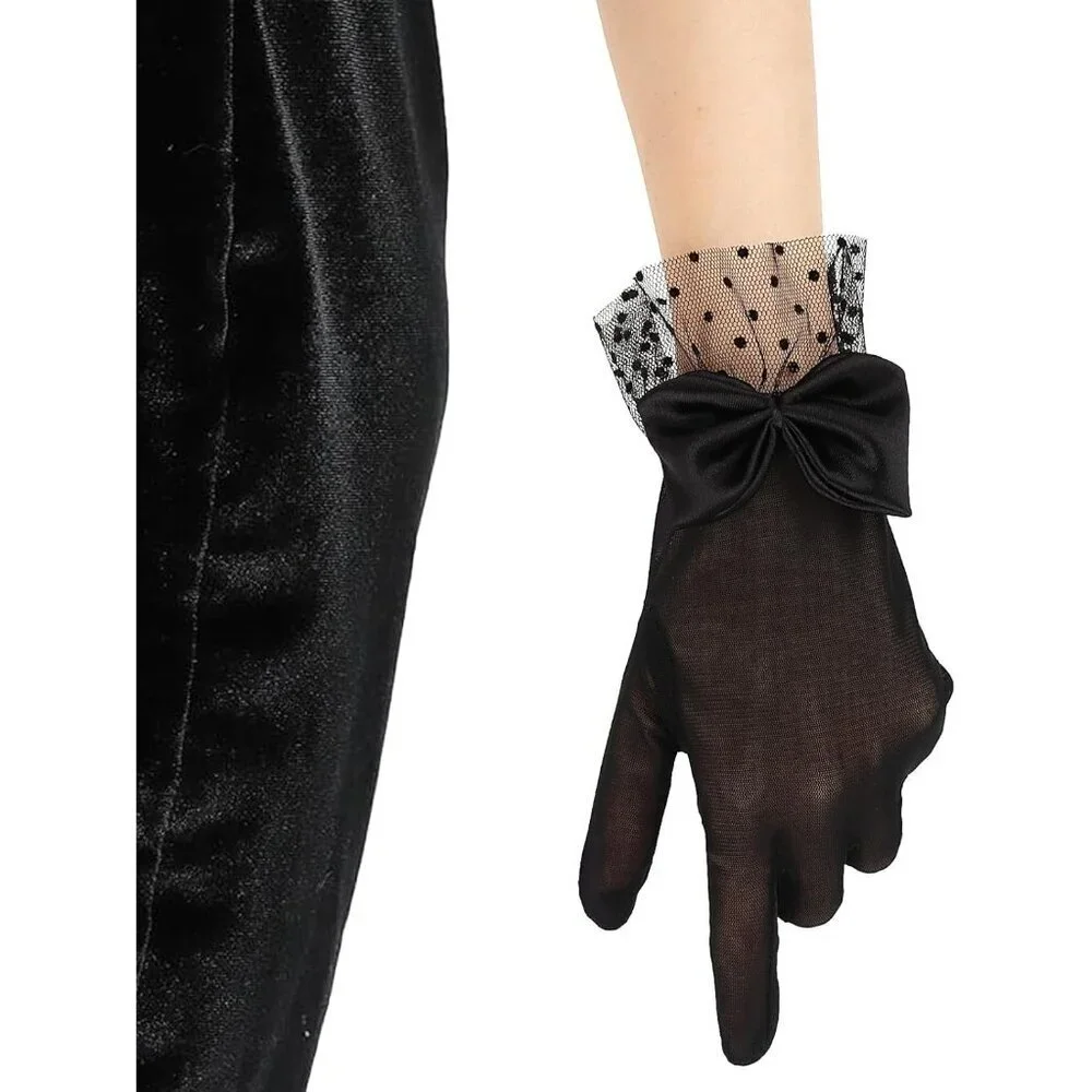 Women's Black Bow Short Lace Veil Feather Derby Tea Party Elegant Gloves Styles